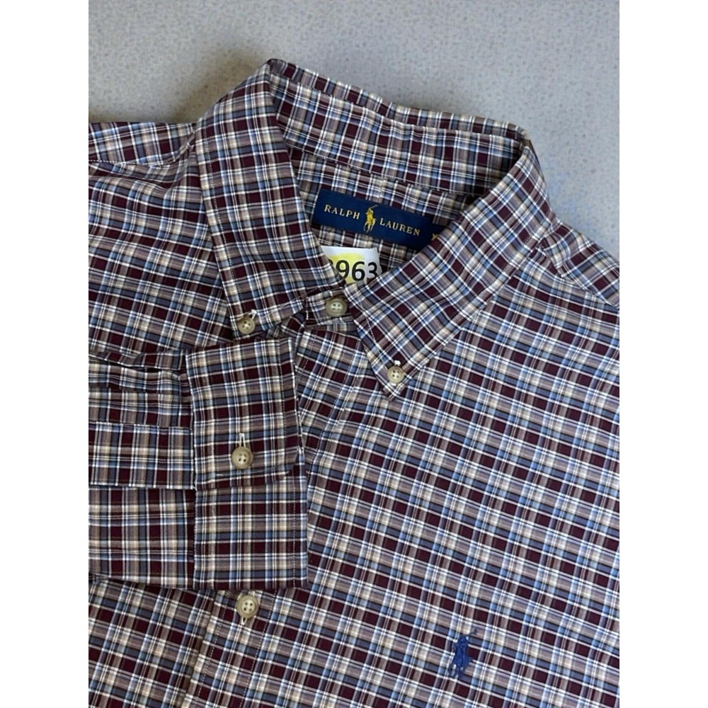Ralph Lauren Shirt Mens Bordo Plaid Flannel Lightweight Cotton Button Up Pony XL